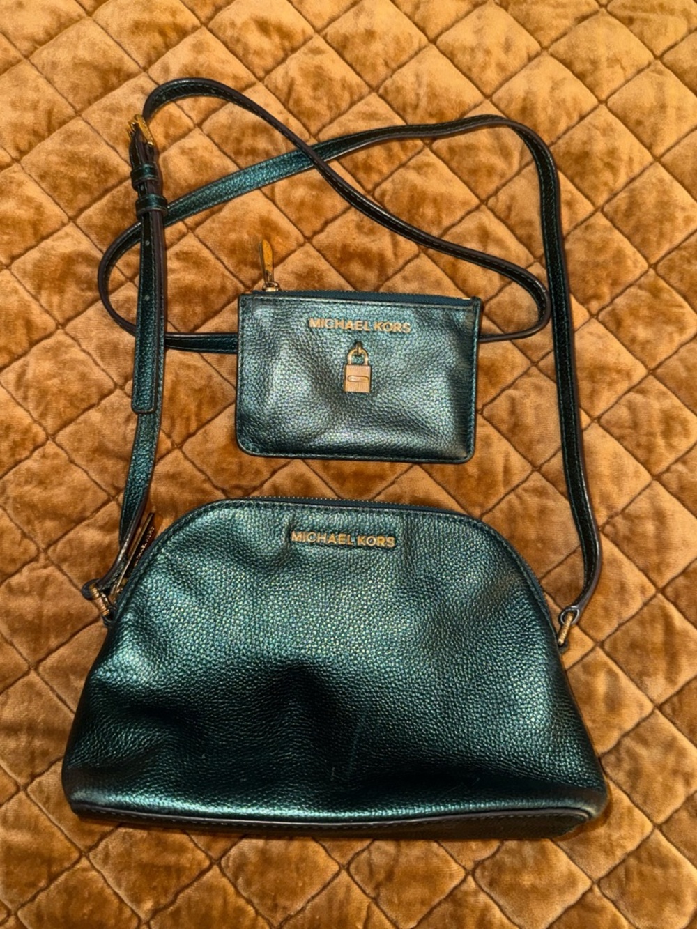 Michael Kors Dark Green Pebbled Leather Crossbody with Card Pouch